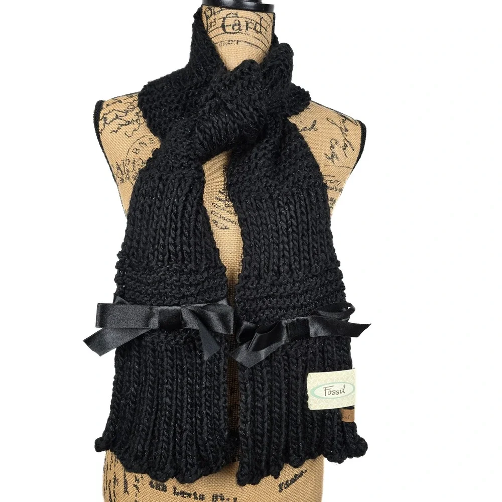 Fossil Lacey Lurex Black Chunky Knit Scarf with Satin Bows Metallic CW4003001